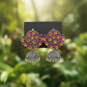Floral Oxidised Big Drop Jhumka Earrings with Pearl Gold Plated Zinc Alloy for Wedding - Product Image 3