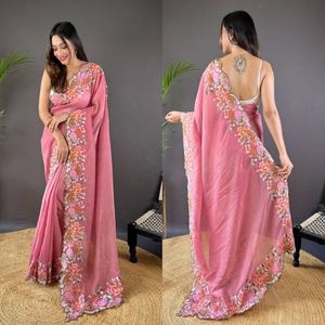Sari de fête Fatema de haute qualité en soie douce et brillante multicolore, avec travail de perles, chemisier ethnique, vêtement pour femmes - Product Image 3