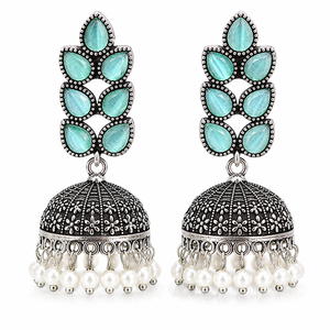 Pendientes Jhumka de Ónix Azul Cielo en Forma de Lágrima Oxidados, Plata Antigua, Imitación de Perla Colgante, Joyería Boho de Moda para Boda, Venta al por Mayor - Product Image 1