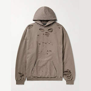 Sweat-shirts à capuche déchirés pour hommes en coton mélangé lavé, grandes tailles, respirants et à faible MOQ, logo personnalisé - Product Image 2