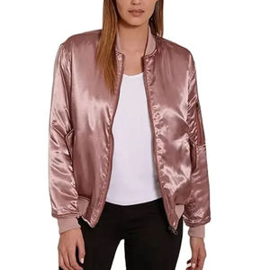 Chaqueta Bomber Rosa de Satén para Mujer, Unisex, Casual, Otoño, Cierre de un Solo Botón, Corte Regular, Color Sólido, Cuello Alto, Estilo Urbano - Product Image 5
