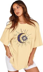 เสื้อยืดสีเหลืองโอเวอร์ไซส์สำหรับผู้หญิง พิมพ์ลายดวงอาทิตย์และดวงจันทร์ ทรงปกติ ผ้าฝ้ายเจอร์ซีย์ทรงหลวม แขนสั้น คอกลม เสื้อฤดูใบไม้ผลิและฤดูร้อน - Product Image 5