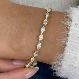 Pulsera de tenis con diamantes cultivados en laboratorio, corte marquesa, engastados en bisel, oro macizo de 14K, para mujer, joyería fina de lujo, regalo sorpresa para amantes - Product Image 4