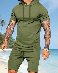 Men's Olive Green Hooded Sweatshirt And Shorts Set Short Sleeve Casual Summer Outfit 2pcs Solid Color Quick Dry Knitted Fabrice - Product Image 1