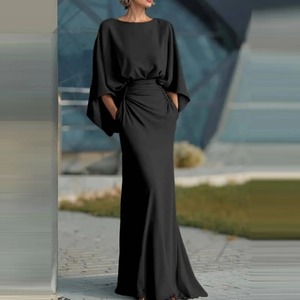 Vestido Largo de Fiesta Plisado de Cintura Alta con Cuello Redondo y Manga Murciélago, Elegante y Sexy con Bolsillos y Espalda Descubierta para Mujer - Product Image 2