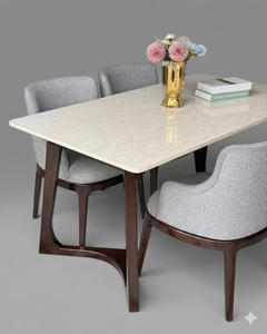Juego de Comedor Moderno Premium de 6 Piezas, Mesa con Tapa de Piedra Blanca, Sillas de Comedor con Respaldo de Tela, Muebles para el Hogar de Madera de Teca Acanalada - Product Image 4