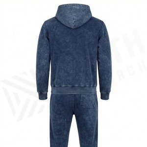 Customizable Oversized Acid Washed Cotton Tracksuits Men <b>Distressed</b> Embroidered Sweatpants Hoodie Set Winter Activewear - Product Image 2
