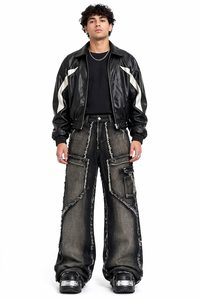 Mens Washed Black Distressed Cargo Denim Jeans Wide Leg Streetwear <b>Pants</b> Multi Pocket Utility Designer Jeans Vintage Fade Heavy - Product Image 1