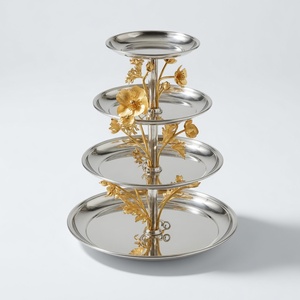 Plato de Servir de Aluminio Fundido Anemone de 3 Niveles, Plateado en Níquel, Decoración Floral Ecológica para Bodas y Fiestas, Centro de Mesa Elegante - Product Image 1
