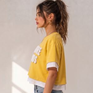Crew Neck Short Sleeve Double Layer Tee 100% Cotton Puff Print <b>Crop</b> <b>Top</b> Ladies Double Sleeve <b>Crop</b> Tee Short Sleeve Loosed Shirt - Product Image 3