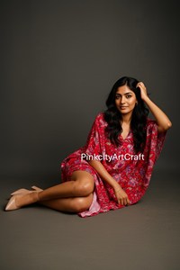 Vestido Kaftán de Algodón con Estampado Floral Rojo para Mujer, Estilo Jaipuri, Casual, Étnico, de Una Pieza, Midi, para Maternidad, Ecológico - Product Image 2