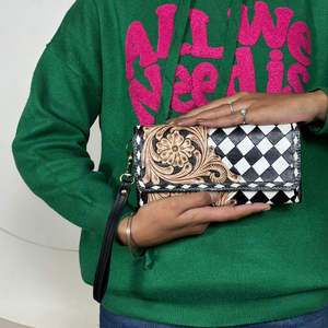 กระเป๋าสตางค์หนังแท้ลายตารางดอกไม้หรูหรา สีดำและสีขาว ป้องกัน RFID สำหรับใส่เงินสด บัตร เหรียญ และของใช้เดินทาง - Product Image 4