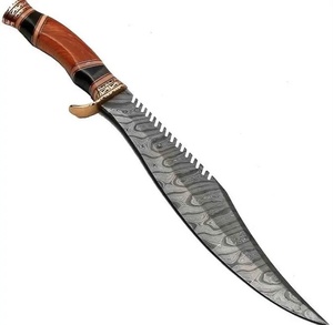 Cuchillo Bowie de Caza y Camping de Damasco Hecho a Mano con Espaciadores Grabados, Mango de Madera, Hoja Serrada con Punta Clip, Cuchillo de Supervivencia para Exteriores ODM - Product Image 3
