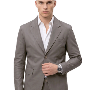 Blazer en cuir gris pour homme Leather Cult, simple boutonnage, style décontracté chic, doublure en satin - Product Image 4