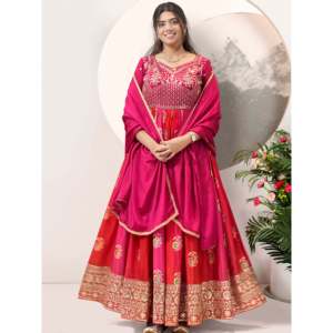 Vestido de Fiesta Hecho a Mano con Estampado Floral, Corte en A y Dupatta, Talla XL, Ideal para Eventos - Product Image 3