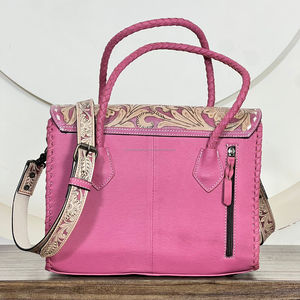 Bolso Tote de Cuero Genuino Rosa Estilo Vintage con Diseño Floral Grabado para Mujer, Bandolera de Hombro, Bolso de Viaje - Product Image 6