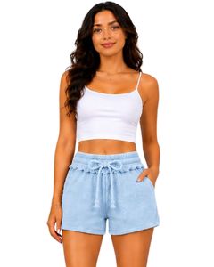 <b>Light</b> Blue Women Drawstring Cotton Terry Shorts Elastic Waist Casual Summer <b>Lounge</b> Wear Soft Pocket Mini Shorts Custom Fashion - Product Image 1