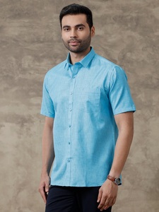 Camisa de Lino de Manga Corta para Hombre, Color Azul Cielo Oscuro, Cuello Clásico, Cierre de un Solo Botón, Camisa de Lino para Hombre, Camisa de Verano para Hombre - Product Image 2