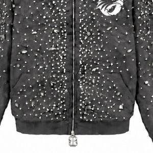 Sudadera con capucha gris carbón perlado con cremallera, chaqueta de streetwear con cristales brillantes, sudadera con capucha de manga larga - Product Image 5