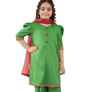 Ensemble 3 pièces décontracté pour femme, sans manches, en soie et coton, uni, avec kameez et shalwar plissé à bordure, idéal pour les fêtes et mariages, à prix raisonnable - Product Image 1