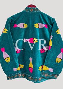Abrigo de terciopelo con patrón de peces bordado a mano, cuello mandarín, manga larga, talla grande, ropa exterior informal de otoño para mujer - Product Image 2