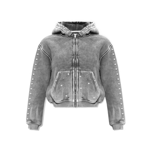 Sudadera con capucha de lujo unisex de corte holgado con cremallera, pedrería y lavado ácido desgastado, sudadera con pedrería personalizada, ropa urbana unisex - Product Image 1