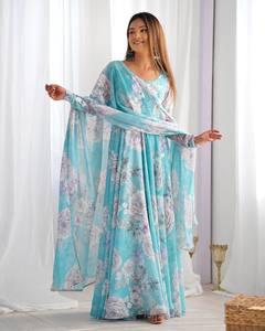 ชุดเดรส Anarkali ลายดอกไม้ผ้าจอร์เจตต์สุดหรู พร้อมผ้าคลุมไหล่ ชุดเต็มเซ็ตสำหรับผู้หญิง เหมาะสำหรับงานเทศกาล งานแต่งงาน งานปาร์ตี้ ชุดพื้นเมือง - Product Image 2