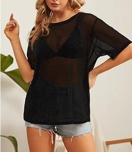 Camiseta de malla negra transparente para mujer, tallas grandes, servicios de pedidos al por mayor OEM, camisetas de malla de red de manga corta personalizadas y ecológicas - Product Image 2