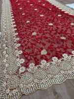 Sari indien traditionnel pour femme, en filet brodé de perles rouges, coupe ajustée, protection solaire, réversible, pour mariage