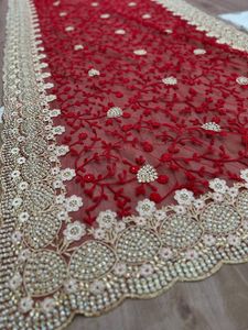 <b>Red</b> Embroidered Saree With Pearl Work For Wedding Women's Indian Ethnic Wear Traditional Floor Length Sari - Product Image 6