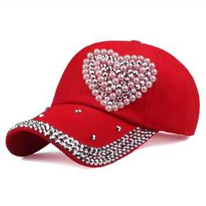 Heart Pattern <b>Baseball</b> <b>Cap</b> with Pearl and Rhinestone Embroidery for Women Fashion Casual Spring Summer Wear - Product Image 1