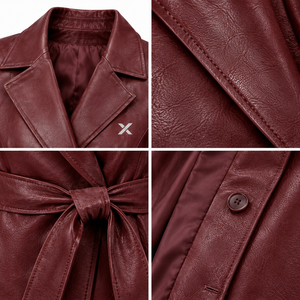 Abrigo Cruzado de Cuero Genuino para Mujer con Cinturón |   Gris Camel Negro |   Fabricante OEM ODM |   Diseño de Calidad Premium |   Ropa de Cuero | - Product Image 4