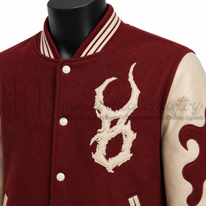 Chaqueta Varsity Bordada Personalizada, Chaqueta de Béisbol de Lana Color Granate con Mangas de Cuero PU, Fabricante Mayorista OEM - Product Image 6