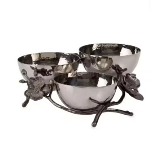 <b>Serving</b> <b>Bowl</b> High Quality <b>White</b> Flower Golden Branch Stand Stainless Steel 3-<b>Bowl</b> Condiment Platter Party Dining <b>Serving</b> <b>Bowl</b> - Product Image 2