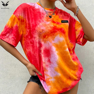 T-shirt en tricot tie-dye pour femmes, col rond, manches courtes, polyester 95% élasthanne 5%, style pull, t-shirts oversize - Product Image 2