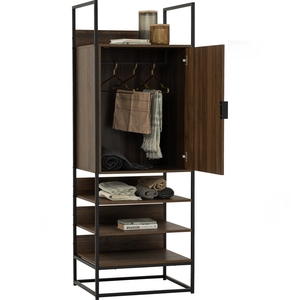 Armoire ouverte compacte industrielle CAPRI avec porte, finition noyer, structure métallique, rangement pour petits espaces et placard de chambre d'amis - Product Image 2