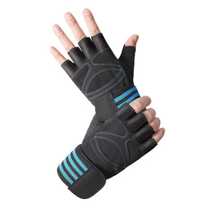 Gants de sport demi-doigts unisexes pour musculation, respirants, en cuir PU et maille, avec support de poignet et sangle réglable, bande bleue - Product Image 1