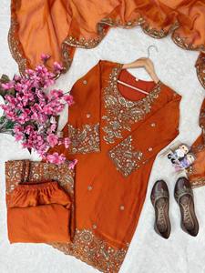 Ensemble Kurti Palazzo brodé marron avec dupatta, costume Salwar pour femme, tenue ethnique pour mariage et fête - Product Image 4