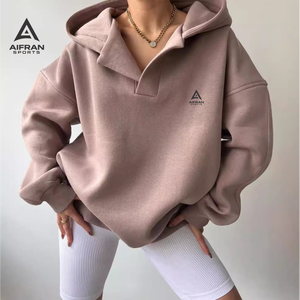 AIFRAN Sweat-shirt à capuche oversize pour femme, col en V, en coton tricoté délavé, épaules tombantes, grande capuche, pull streetwear d'hiver - Product Image 1
