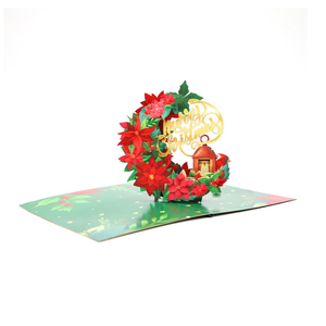 Carte de vœux 3D pop-up en gros, thème couronne de Noël florale, carte de vœux 3D de Noël avec enveloppe, carte de vœux faite à la main pour cadeaux - Product Image 1