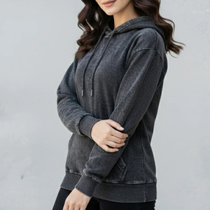 Sweat-shirt à capuche gris foncé pour femme, doublé, manches longues, couleur unie, tricoté, 100% coton, respirant, écologique, décontracté pour l'hiver - Product Image 4