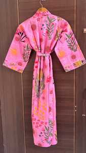 Women's Pink Animal Print Cotton <b>Kimono</b> Robe Full-Length Drawstring Closure Soft & Breathable Lightweight Summer Nightwear - Product Image 2