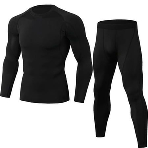 <b>Men's</b> Black <b>Compression</b> Gym Set Full Sleeve Crew Neck Long Sleeve <b>Top</b> With Elastic Waist Pants Sporty Fit - Product Image 1
