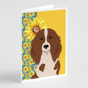 Summer Sunflowers Dachshund Tarjetas de felicitación Pack 8 Longhair Red Pedbald en Whimsical A7 Tamaño 5x7 Tarjetas de nota en blanco con sobres - Product Image 1