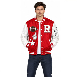 Veste de sport rouge pour homme avec manches blanches, lettre R brodée, patch de football, style preppy, col rabattu, coupe classique - Product Image 4