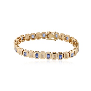 Bracelet tennis en or jaune 14 carats serti de diamants pavés et saphir bleu, bijoux fins haut de gamme, vente en gros - Product Image 1
