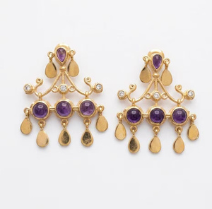 Hot Selling Gold Plated Brass Amethyst Chandelier <b>Earrings</b>, Party wear statement <b>earrings</b> for women - Product Image 1