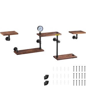 Mensole Galleggianti Industriali a 5 Livelli in Legno Rustico con Tubi - Scaffalatura Semplice Fai-da-te a Parete per Libri e Oggetti - Product Image 1