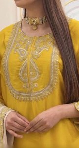 Yellow Silk Embroidered <b>Kurta</b> With Beaded Work Full Sleeve Sharara Set For <b>Women</b> Traditional Indian Pakistani Wedding Wear - Product Image 6