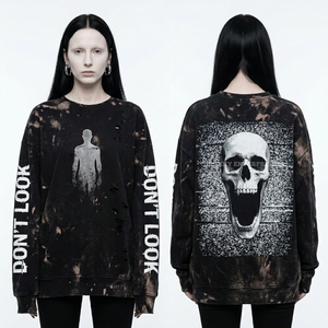 Sweat-shirt noir personnalisé pour femme, style déchiré, avec effet éclaboussures de décoloration, motif crâne à effet glitch statique, lettrage audacieux et graphique sur la manche - Product Image 1
